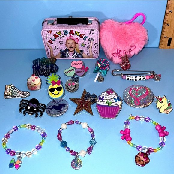JoJo Siwa Lot Jewelry Enamel Pins Buttons Bracelets Mini Lunch Box Clip Viacom